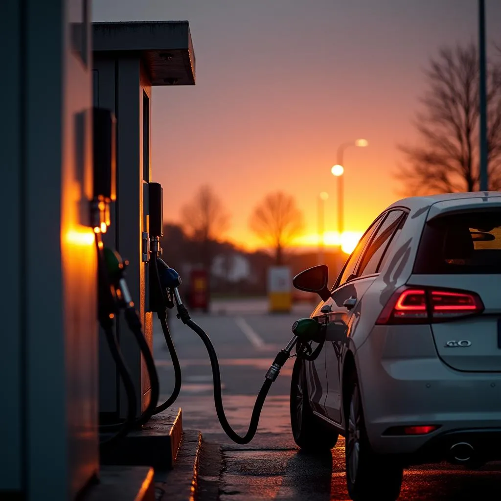 Tanken van diesel in Kassel in de avond