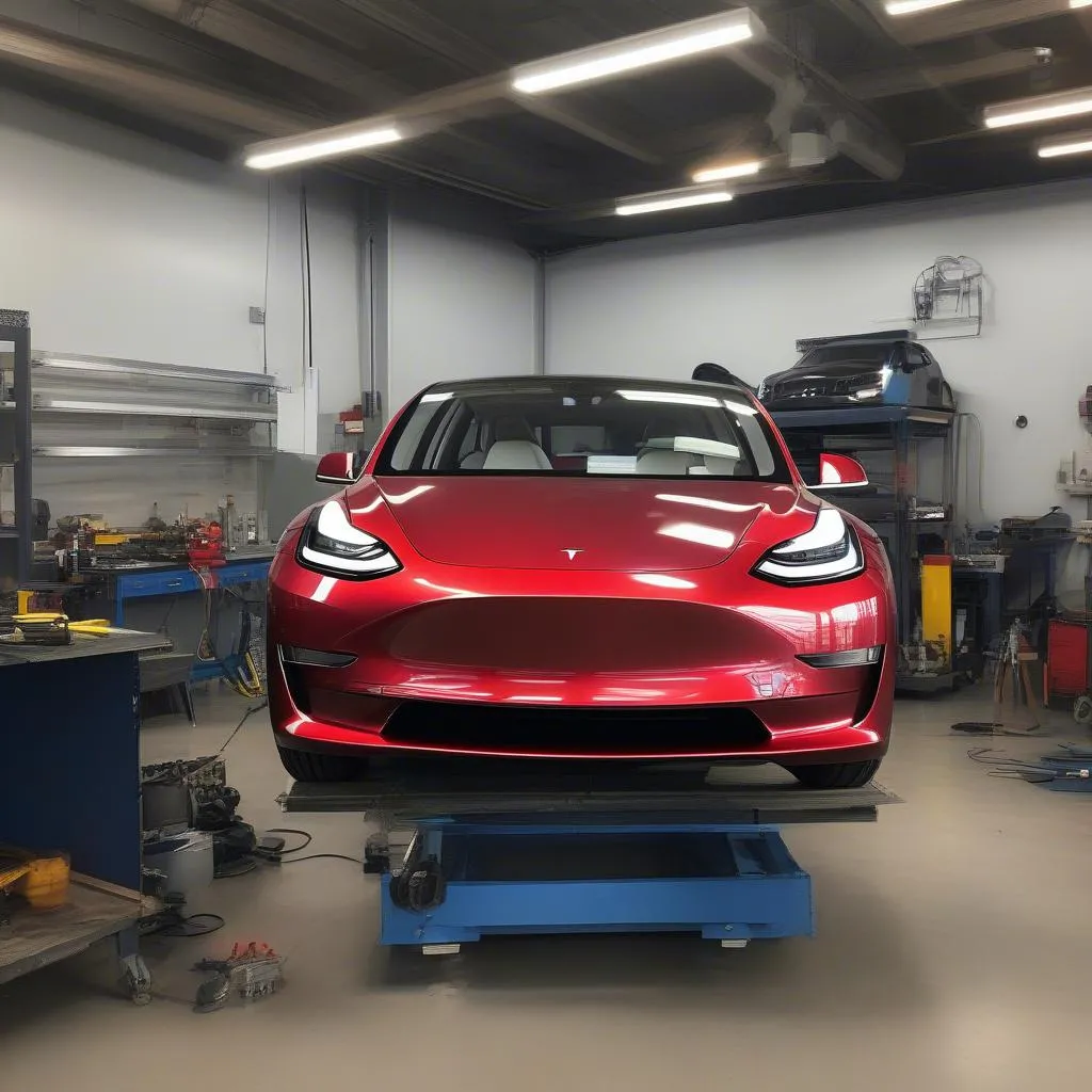 Tesla Model 3 Reparatur in einer Werkstatt