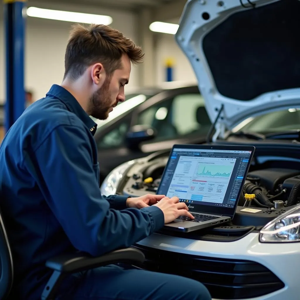 Mechaniker arbeitet mit Laptop in Werkstatt