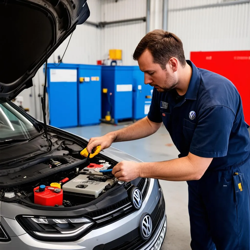 Volkswagen Mechanic Repairing Car Battery