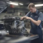 Volvo Werkstatt Regensburg Bauer: Ein Mechaniker arbeitet an einem Volvo Motor