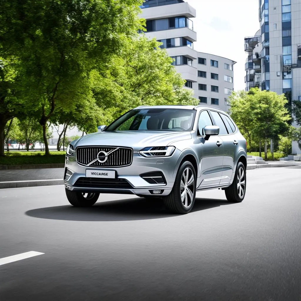 Volvo XC60 Vollelektrisch fährt durch die Stadt