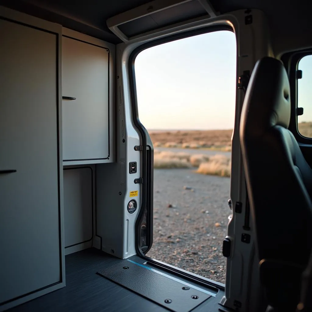 Blick aus dem Innenraum eines VW Caddy auf das Schiebefenster