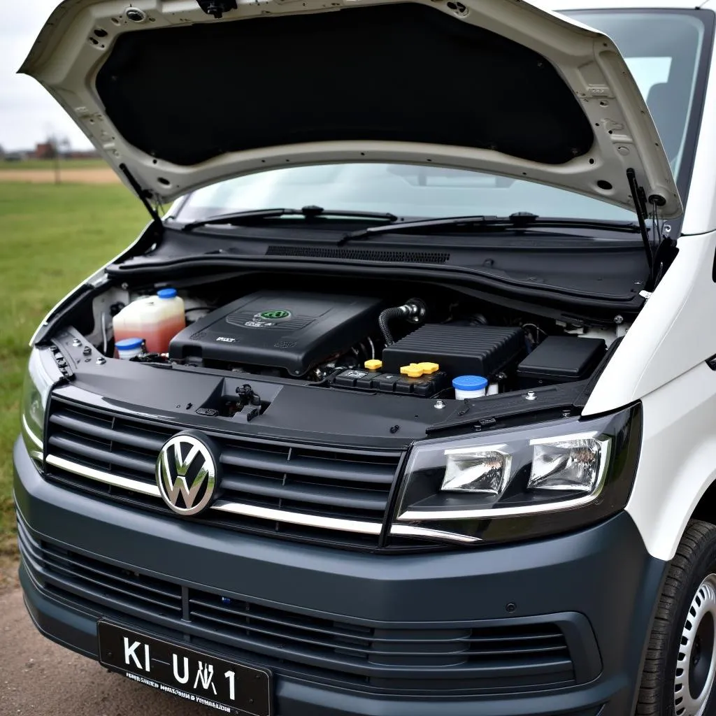 Offene Motorhaube eines VW T5 Transporters