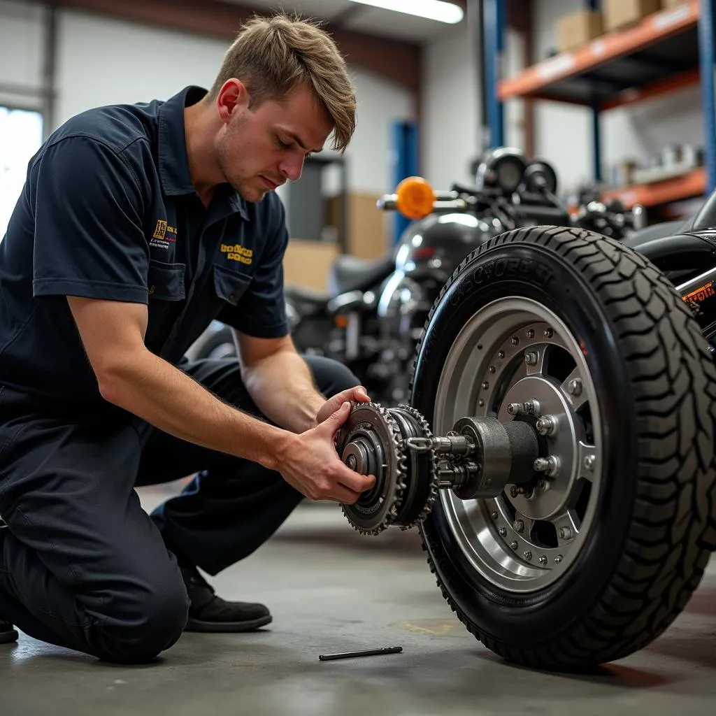 Mechanic performing maintenance on the Big Wheeler 561 Trike Drive