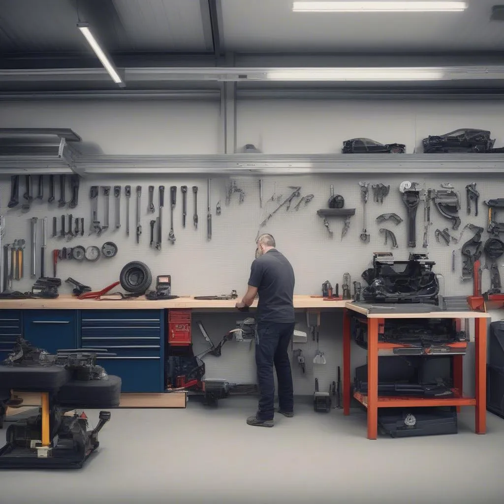 Car mechanic installing car parts in a workshop in Euskirchen