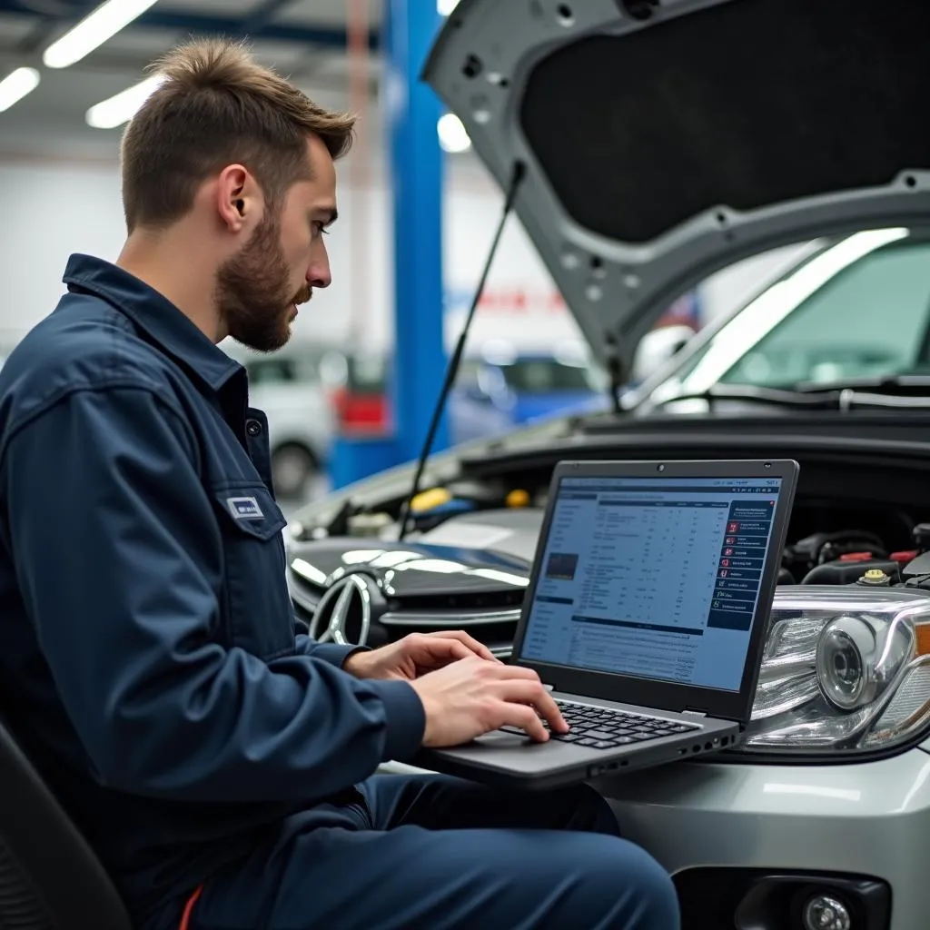 Werkstatt mit LKW und Laptop