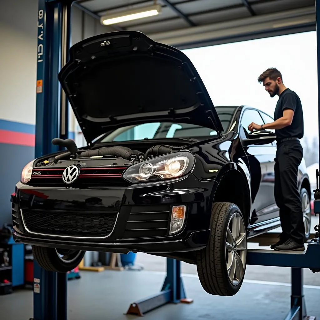 Werkstatt mit Mechaniker und VW Golf 7 auf Hebebühne