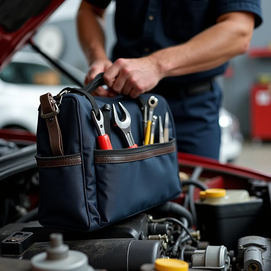 Werkzeugtasche im Einsatz bei einer Auto Reparatur