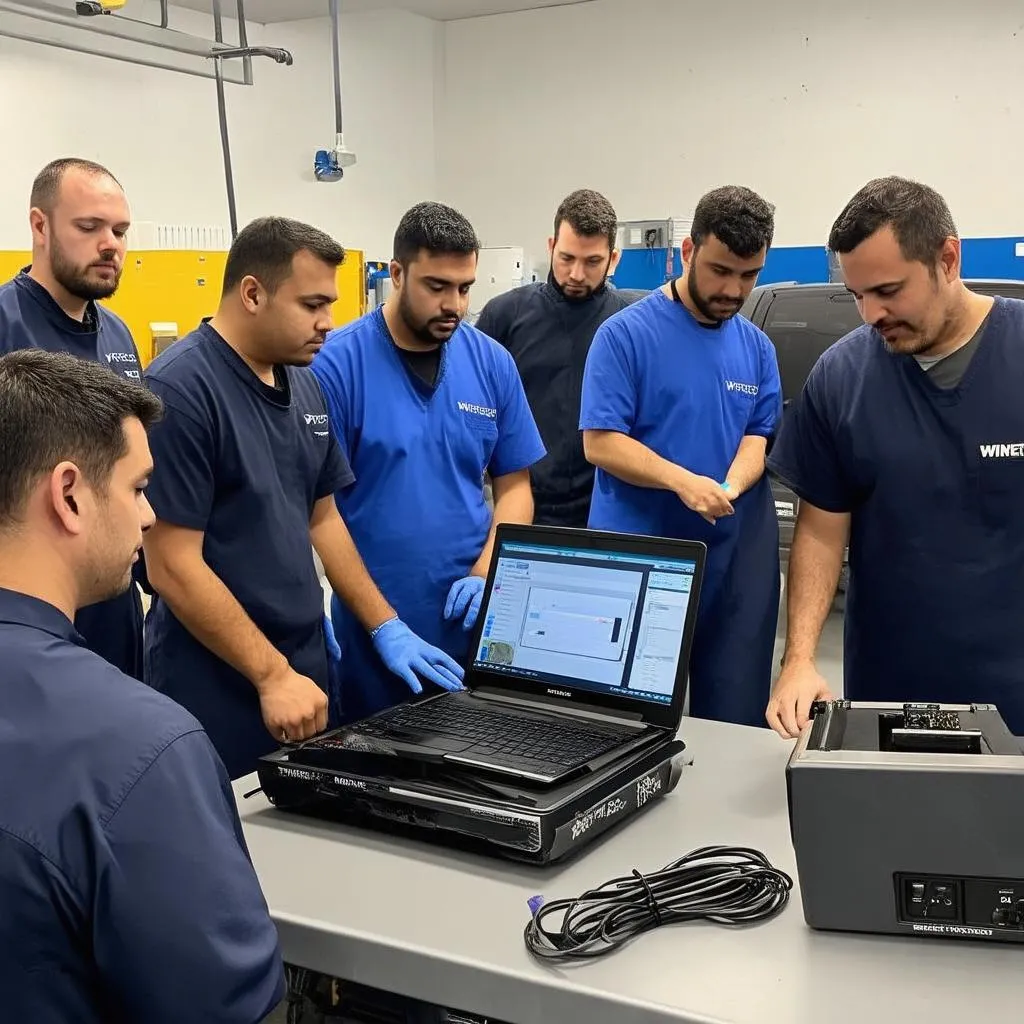 Mecânicos automotivos participando de treinamento Wintec, aprendendo sobre diagnóstico veicular.