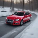 Audi A4 B9 bremst auf schneebedeckter Straße mit Winterreifen