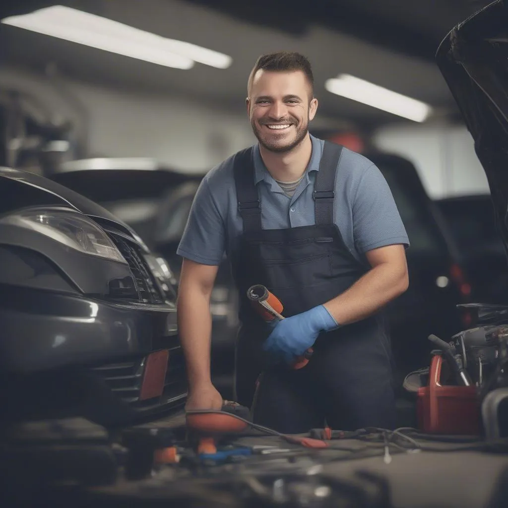 Een tevreden monteur werkt met een glimlach aan een auto