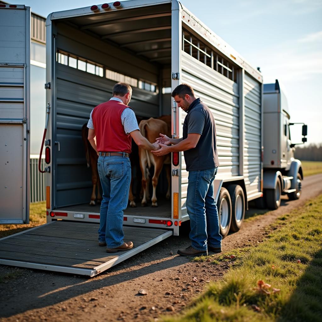 Beladung eines Anhänger Viehtransporters