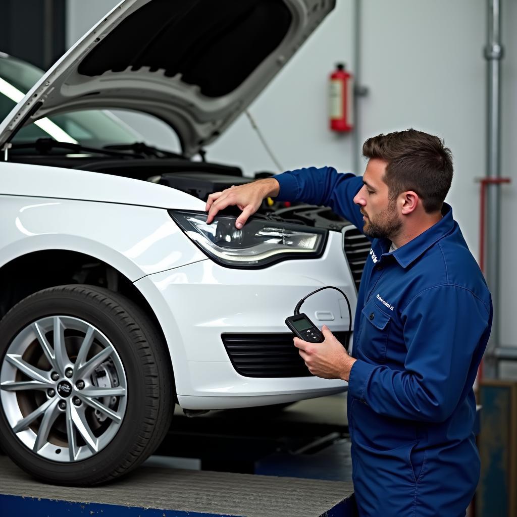 Audi A1 weiß mit schwarzem Dach in der Werkstatt