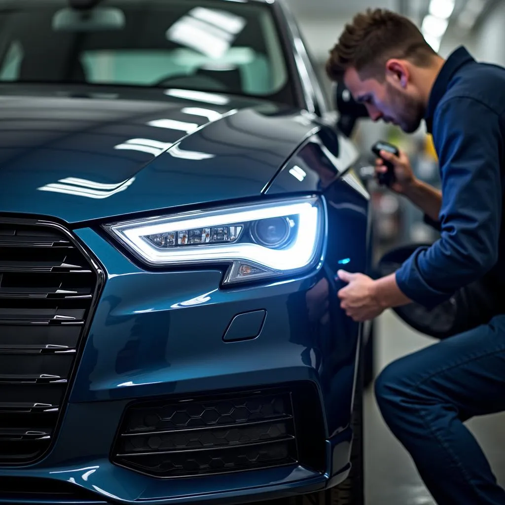 Audi A1 in Werkstatt mit LED-Scheinwerfern