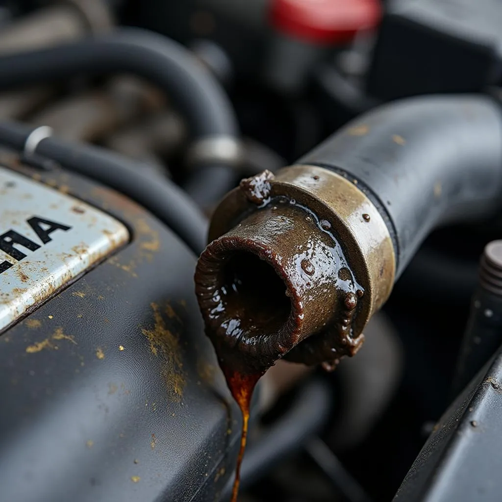 Ausgelaufenes Dichtungsmittel im Motorraum