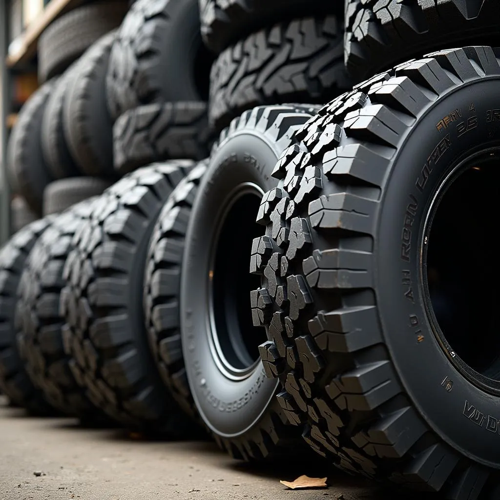 Auswahl an Offroad Ganzjahresreifen: Verschiedene Offroad-Ganzjahresreifen stehen in einem Reifenlager zur Auswahl. 