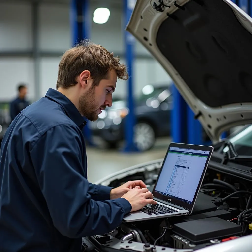 Autodiagnose mit Laptop in Werkstatt