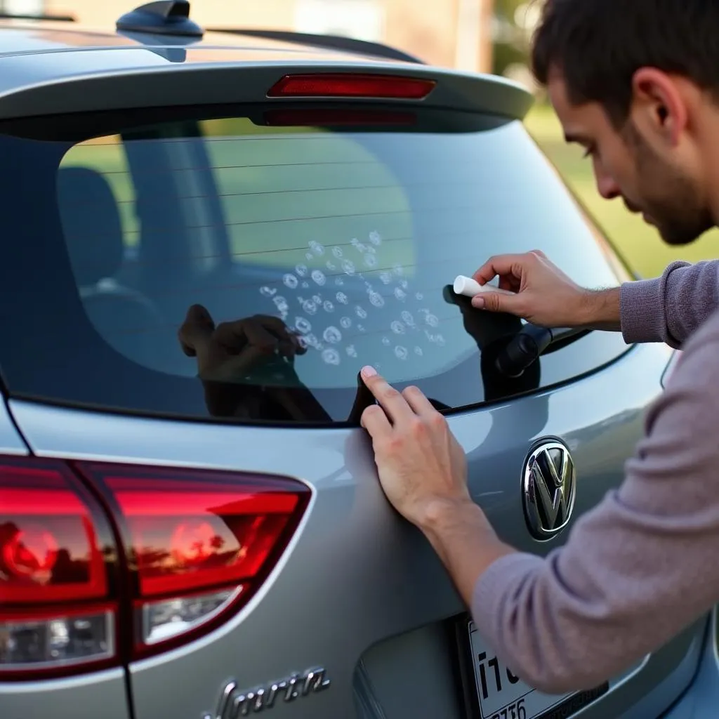 Anbringen eines Auto Fenster Aufklebers