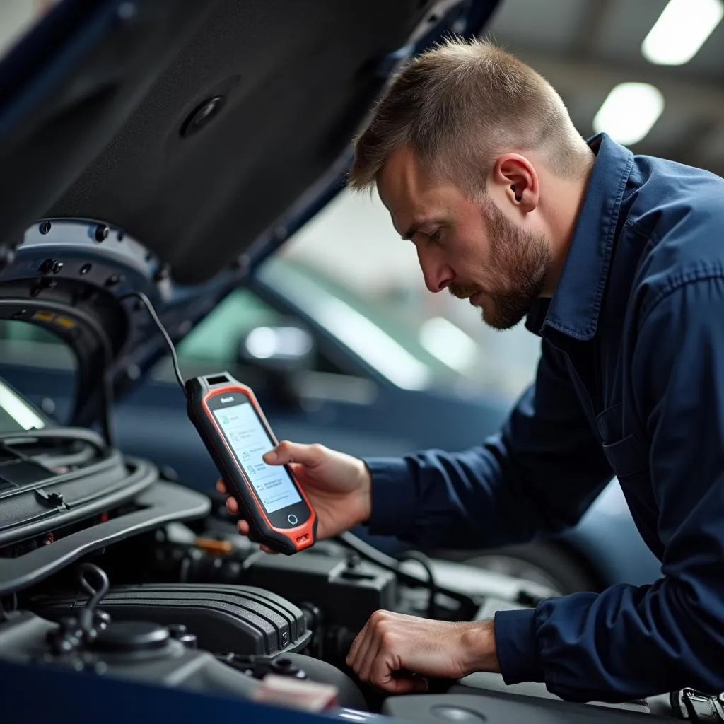 Automechaniker überprüft Motor