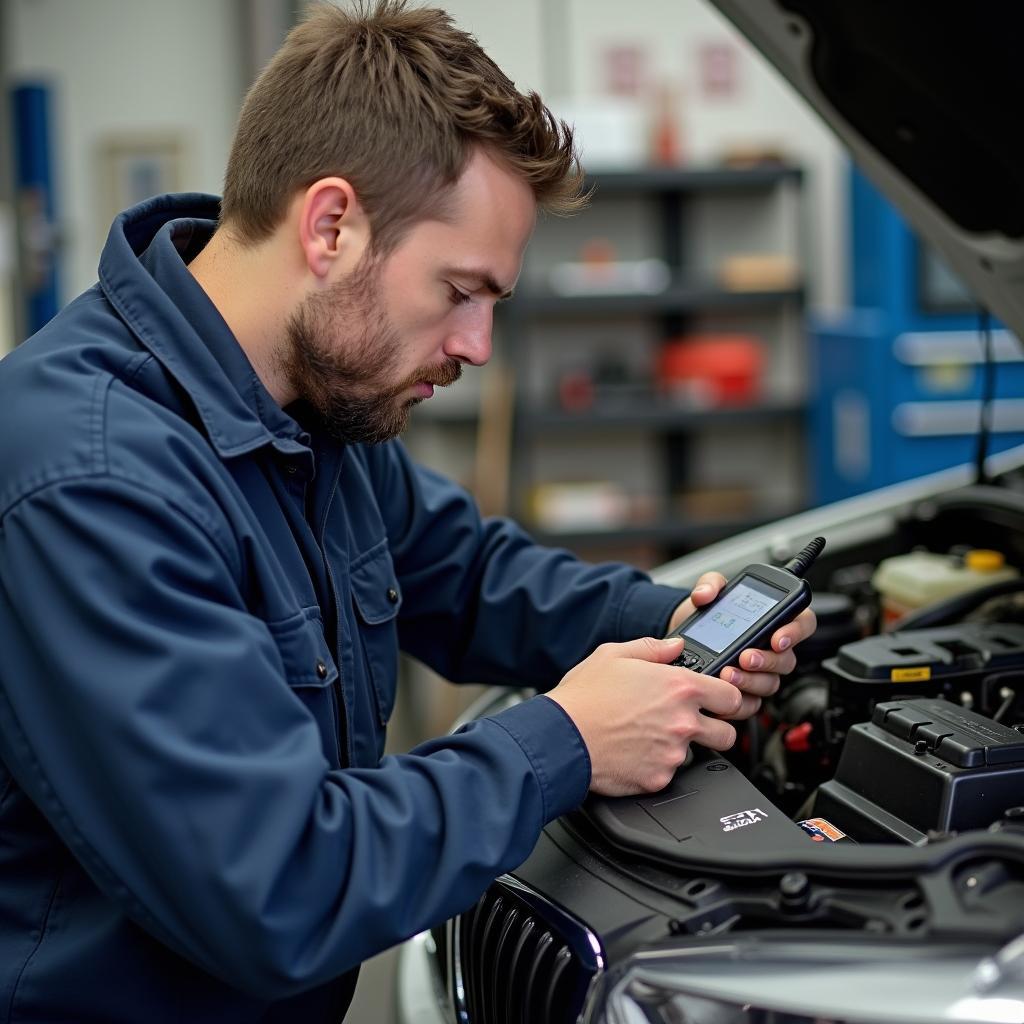 Automechaniker in Werkstatt bei der Diagnose