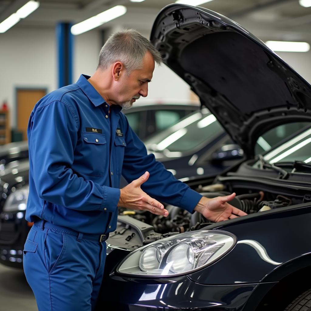 Auto Reparatur und Verkauf Tipps: Ein Mechaniker arbeitet an einem Auto und gibt Tipps.