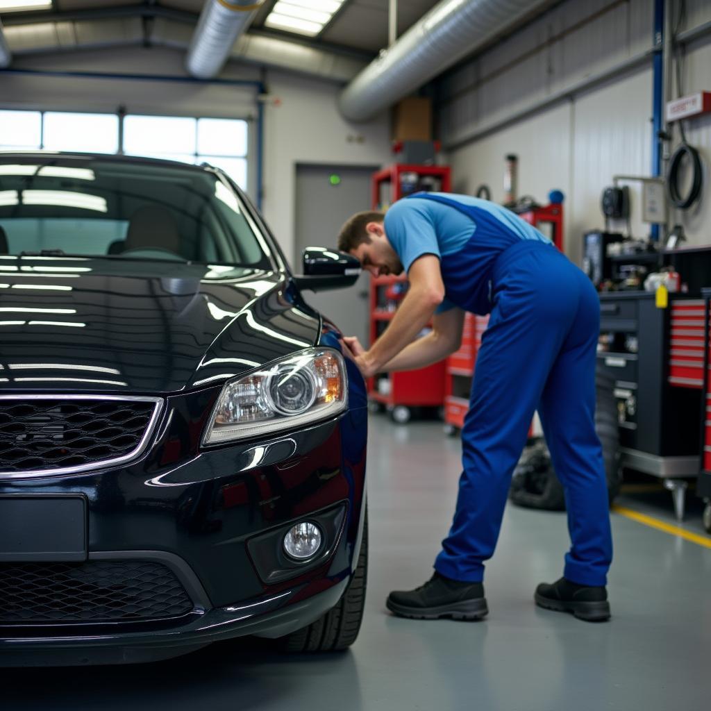 Auto repair shop with a car being serviced