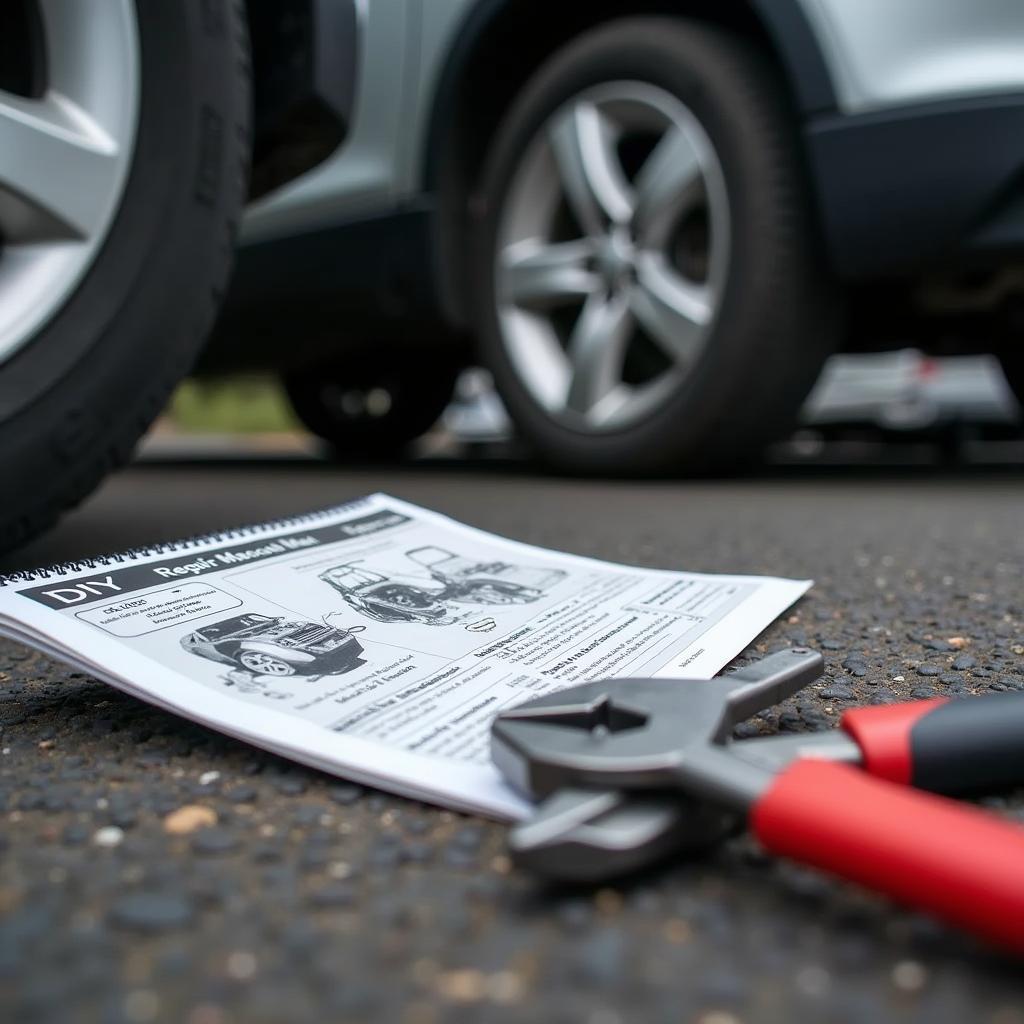 Werkzeug und eine Reparaturanleitung liegen neben einem Auto bereit.