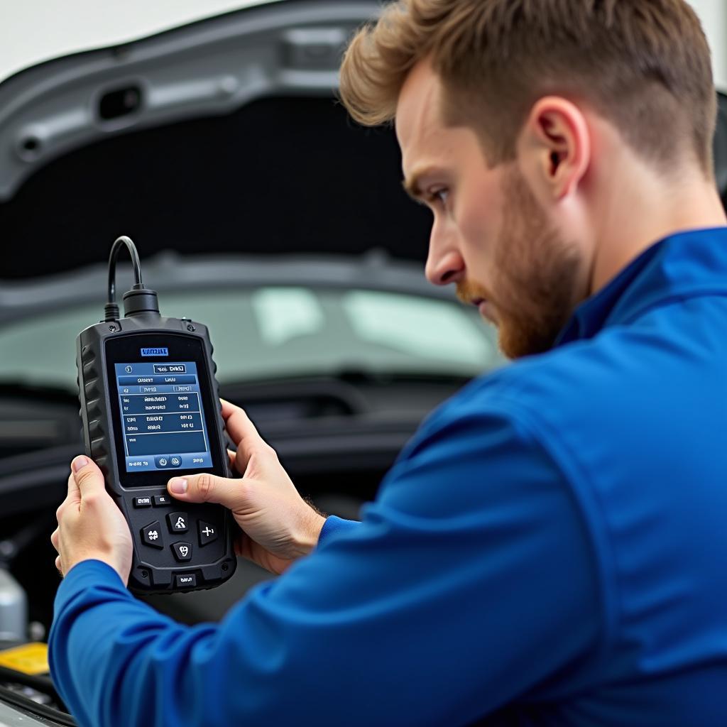 Meccanico di Auto Röser durante la diagnosi del veicolo