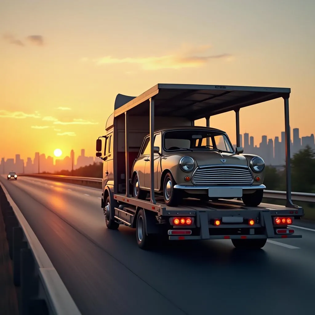 Transport de voiture d'Angleterre vers la France : Camion avec remorque chargée d'une voiture