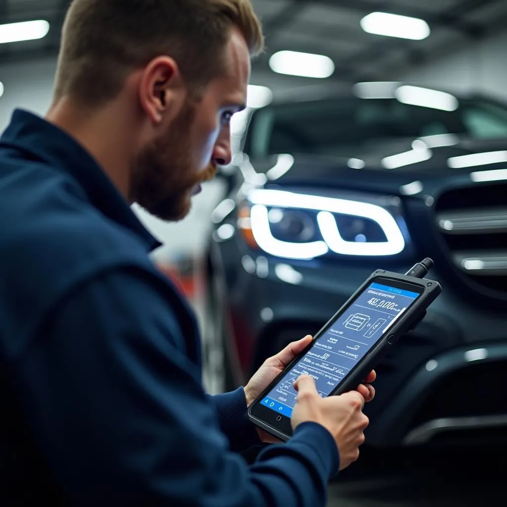 Ein Automechaniker führt mit einem Diagnosegerät eine Überprüfung an einem Fahrzeugscheinwerfer durch