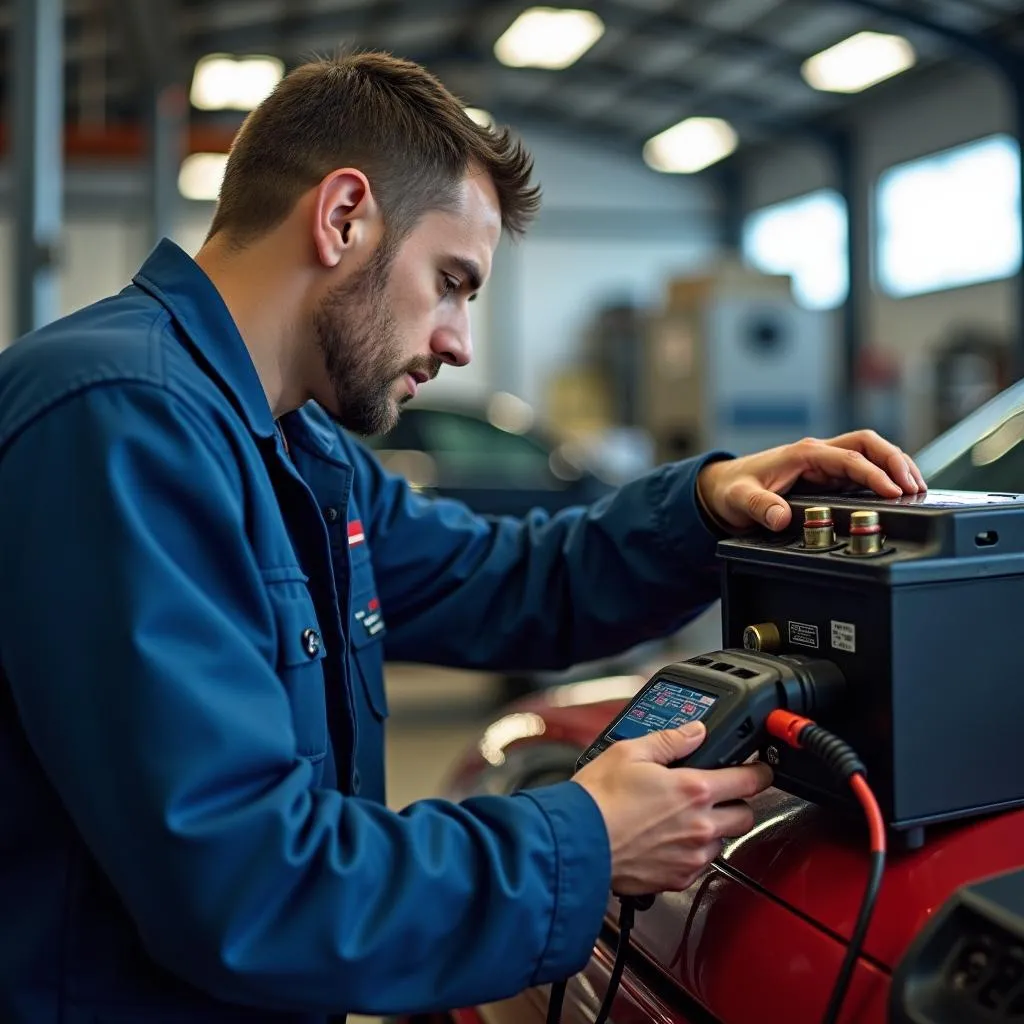 Autobatterie laden in der Werkstatt