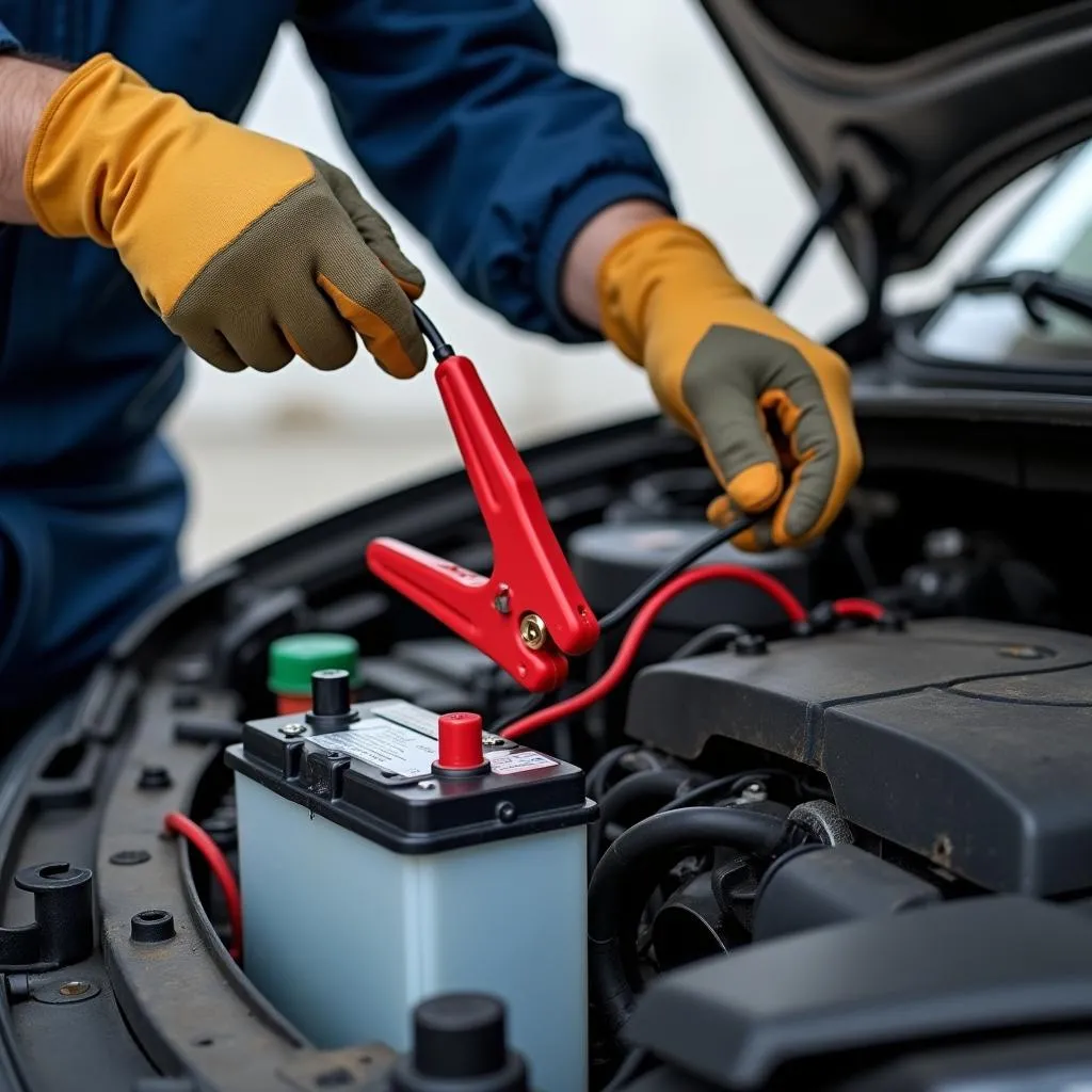 Car battery jump start process with another vehicle