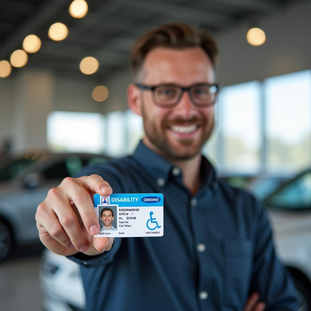 Autokauf mit Schwerbehindertenausweis: Ein Mann präsentiert seinen Ausweis im Autohaus.