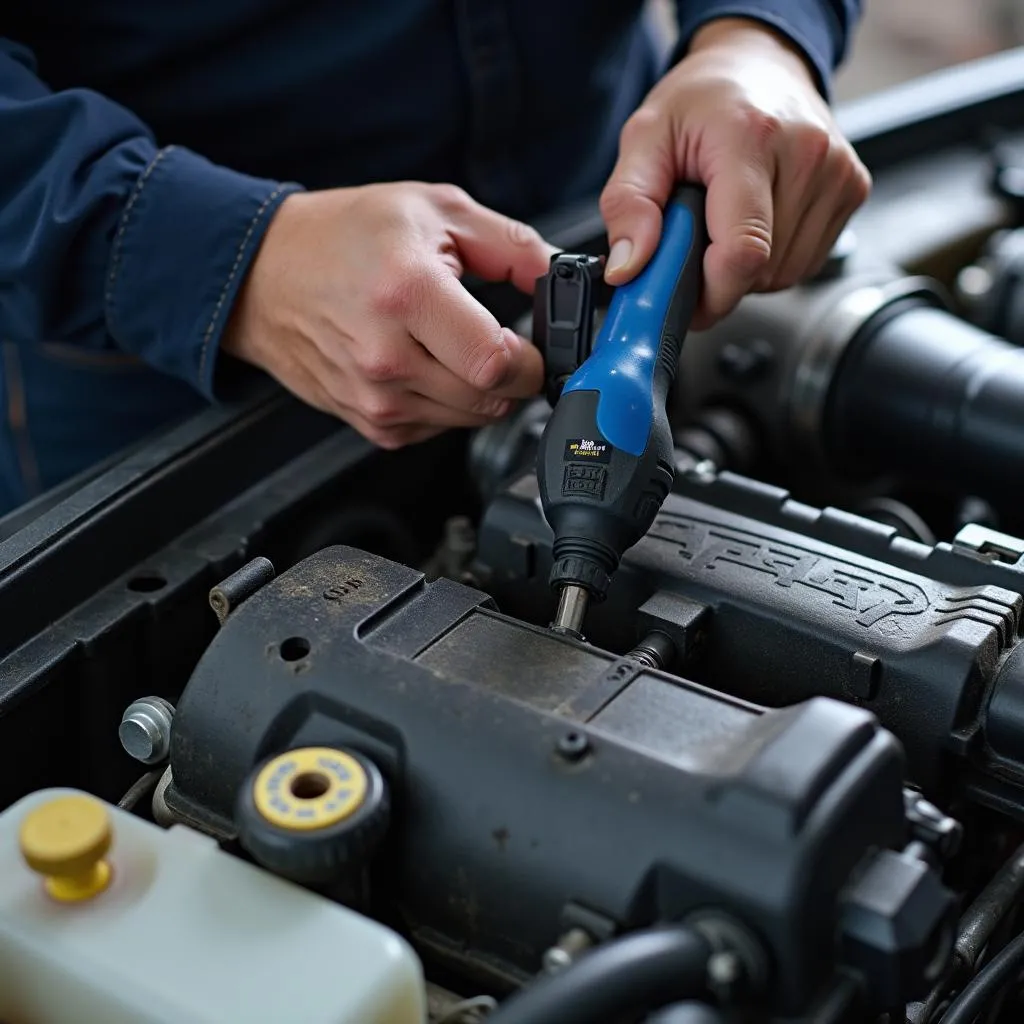 Automechaniker arbeitet an Fahrzeug