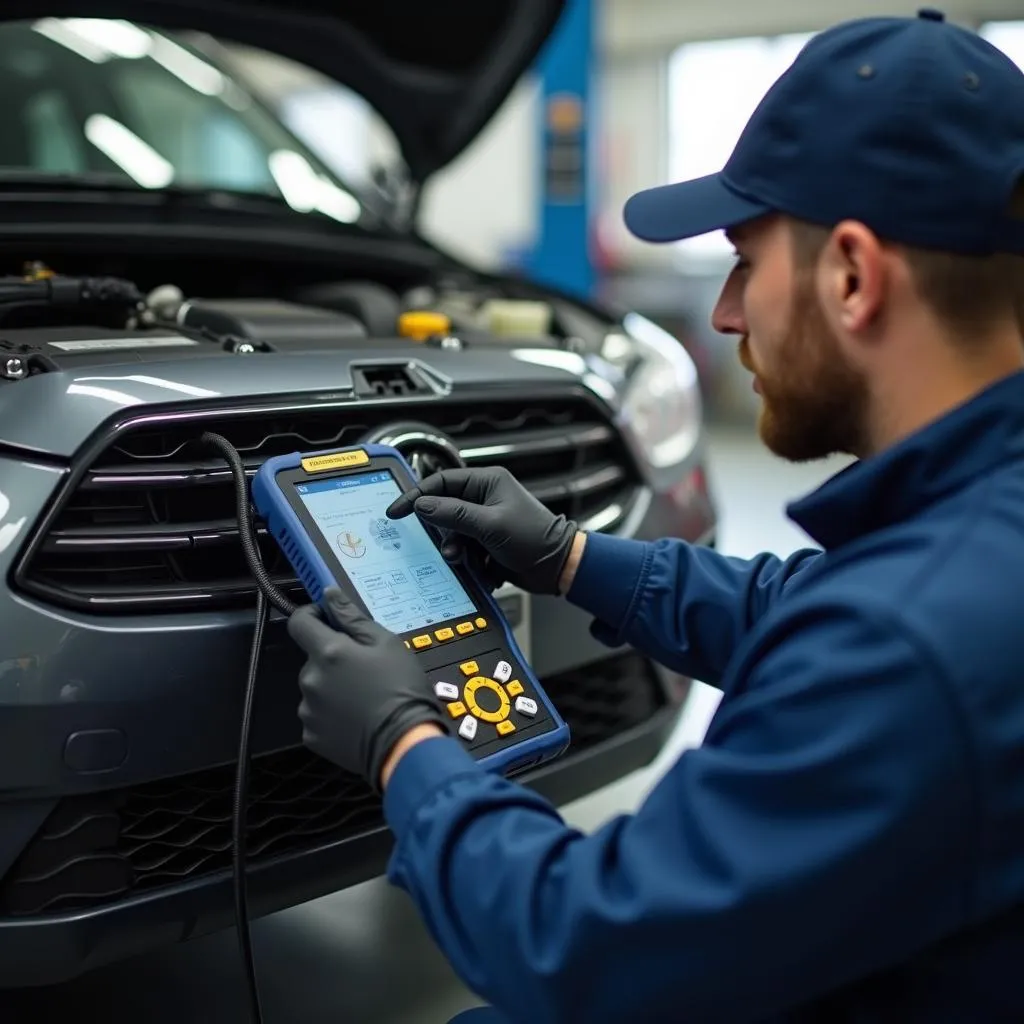 Automechaniker bei der Fahrzeugdiagnose