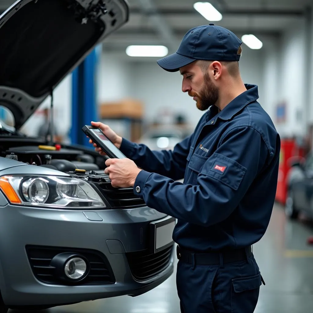 Automechaniker führt Diagnose durch