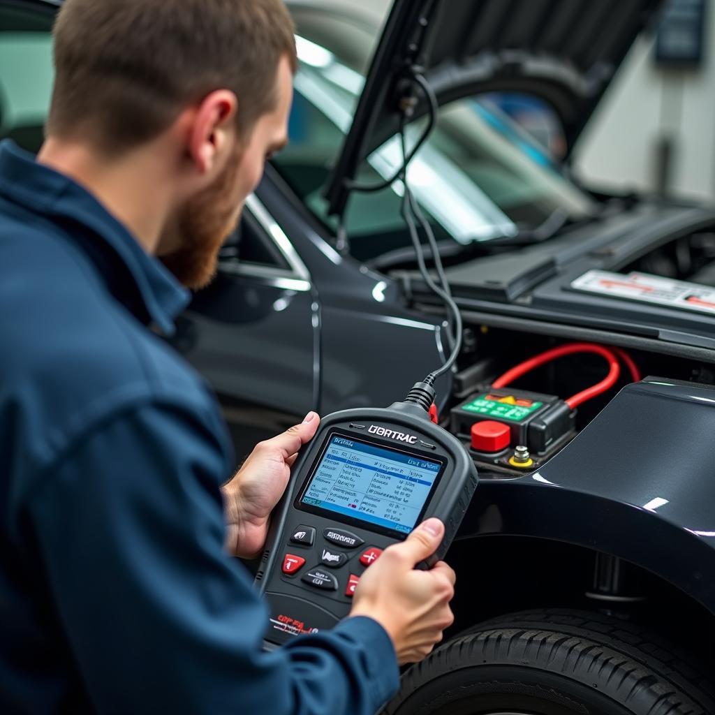 Automechaniker führt Tronic Batterien Test durch