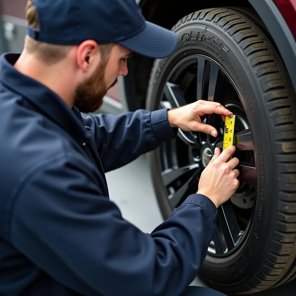 Automechaniker misst Reifen