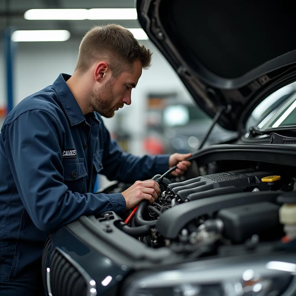 Ein Automechaniker arbeitet an einem Auto in einer Werkstatt in Osnabrück