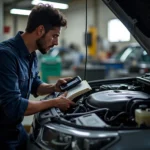 Automechaniker bei der Fehlersuche in der Werkstatt