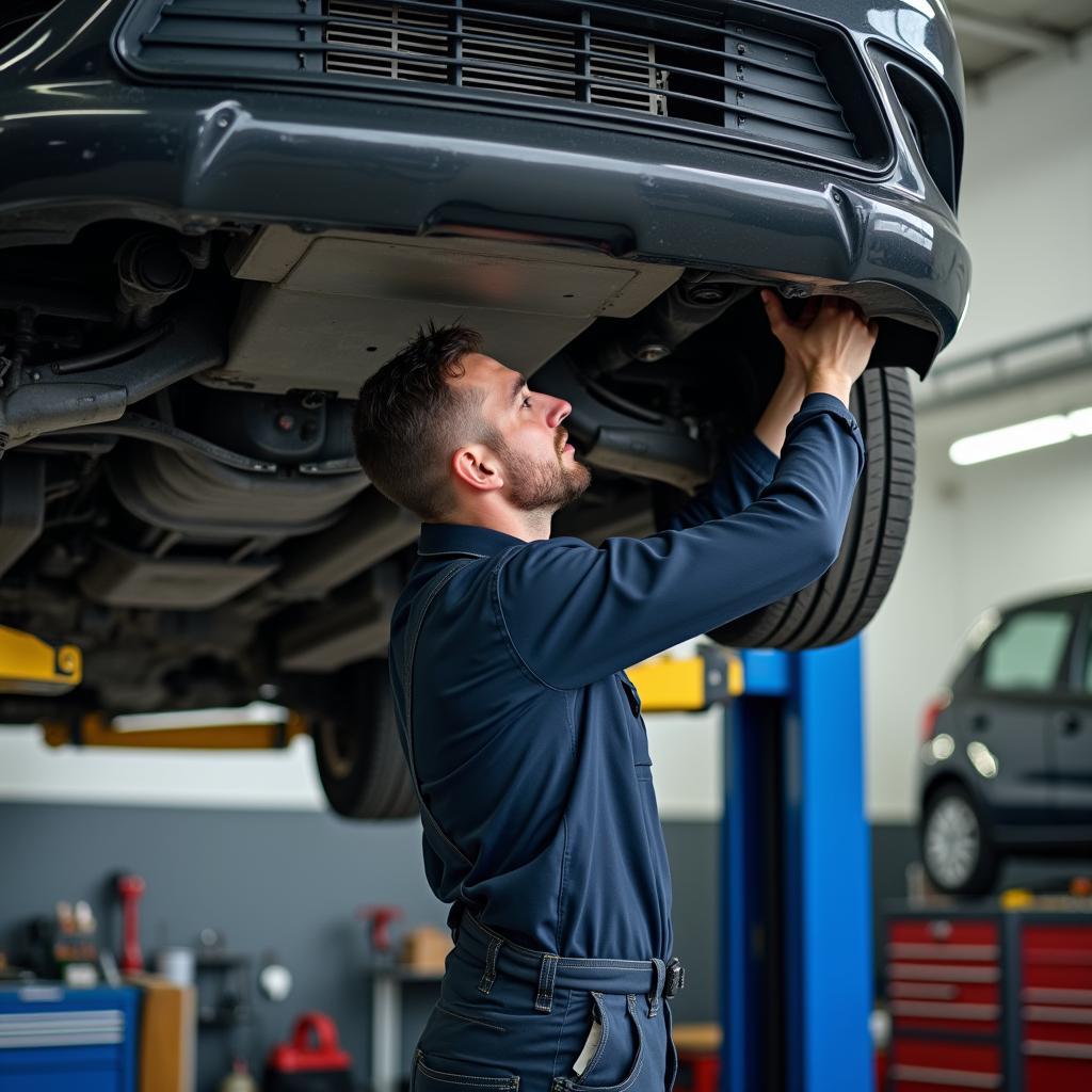 Automonteur repareert een auto in een werkplaats