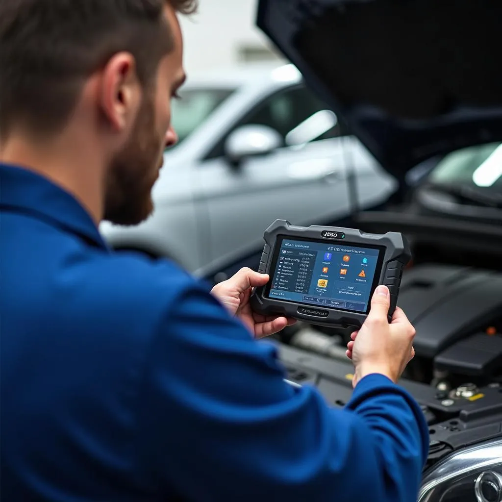 Ein Automechaniker untersucht ein Fahrzeug mit einem Diagnosegerät