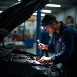 Automechaniker untersucht Motorraum