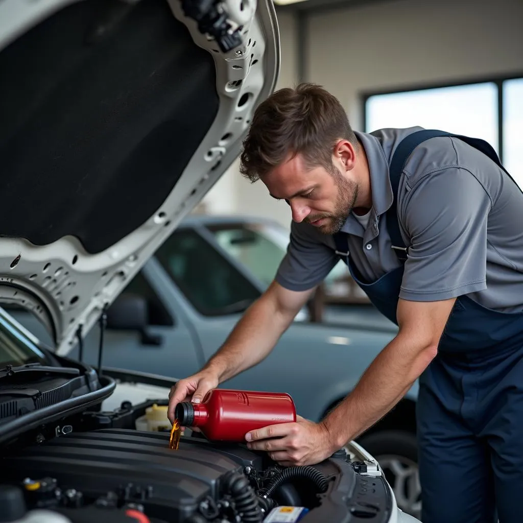 Automechaniker wechselt Motoröl