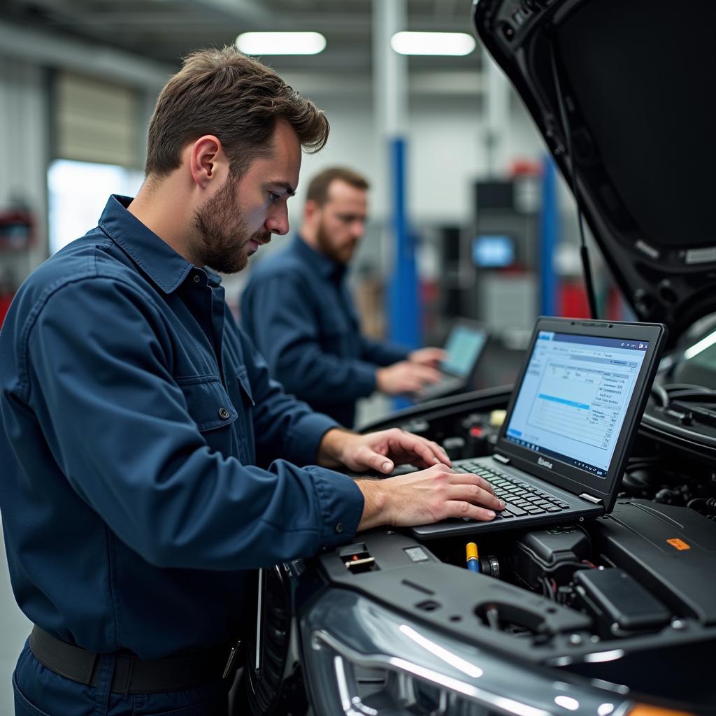 Ein Mechaniker verwendet Diagnosesoftware an einem modernen Auto in einer Werkstatt.