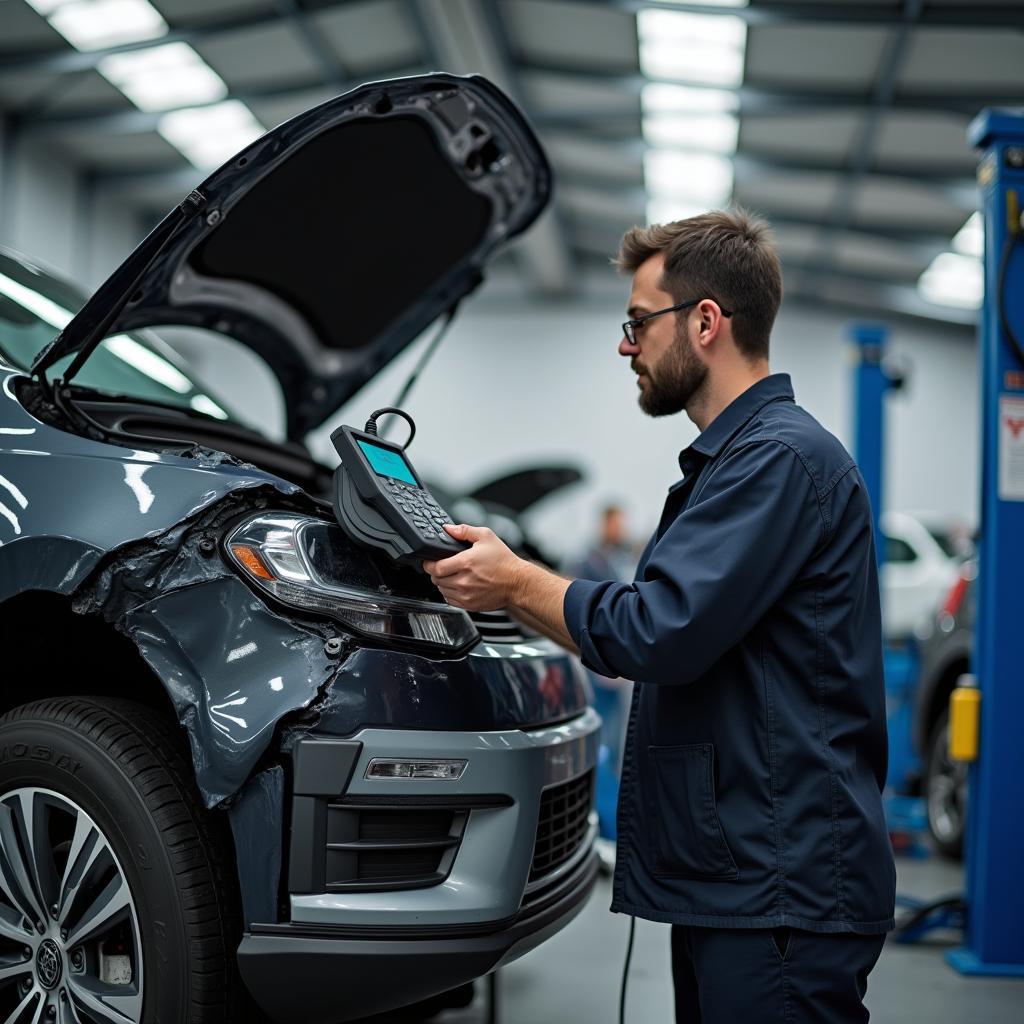 Autowerkstatt mit Mechaniker und beschädigtem Auto