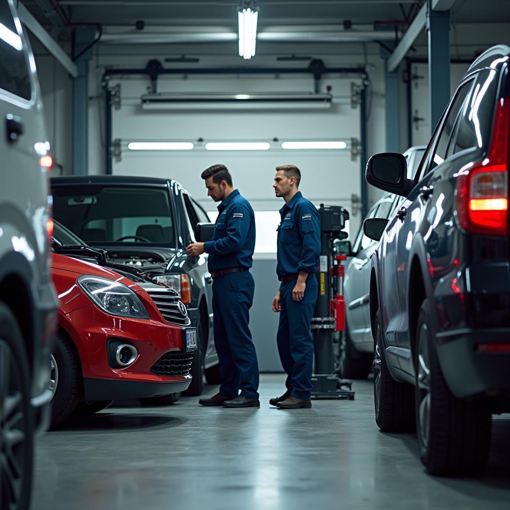 Werkstatt für Autoreparaturdienste mit Mechanikern, die an Fahrzeugen arbeiten