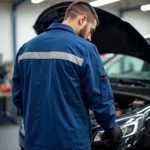 Mechaniker in blauer Baustellenjacke repariert ein Auto