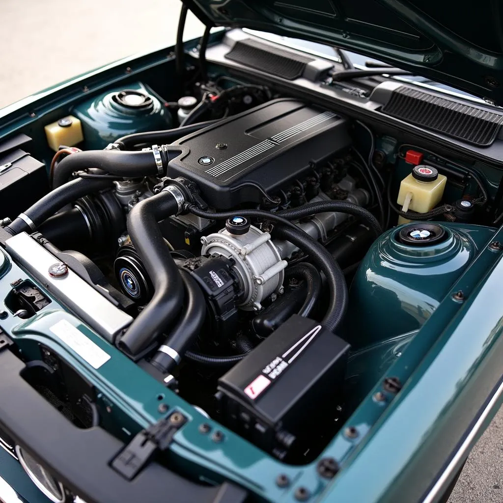 Detaljeret billede af motorrummet i en BMW 3.0 CSI